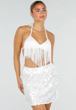 Witte Fringe Halter Top met Verstelbare Rugsluiting