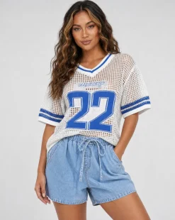 Witte Gebreide Football Top met Blauwe Strepen en Nummer Print