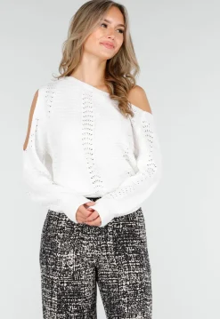 Witte Gebreide Trui met Cut Out en Off Shoulder