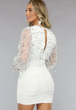 Witte Gedrapeerde Glitter Jurk met Doorschijnende Mouwen