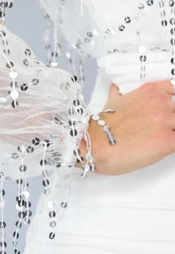 Witte Gedrapeerde Glitter Jurk met Doorschijnende Mouwen