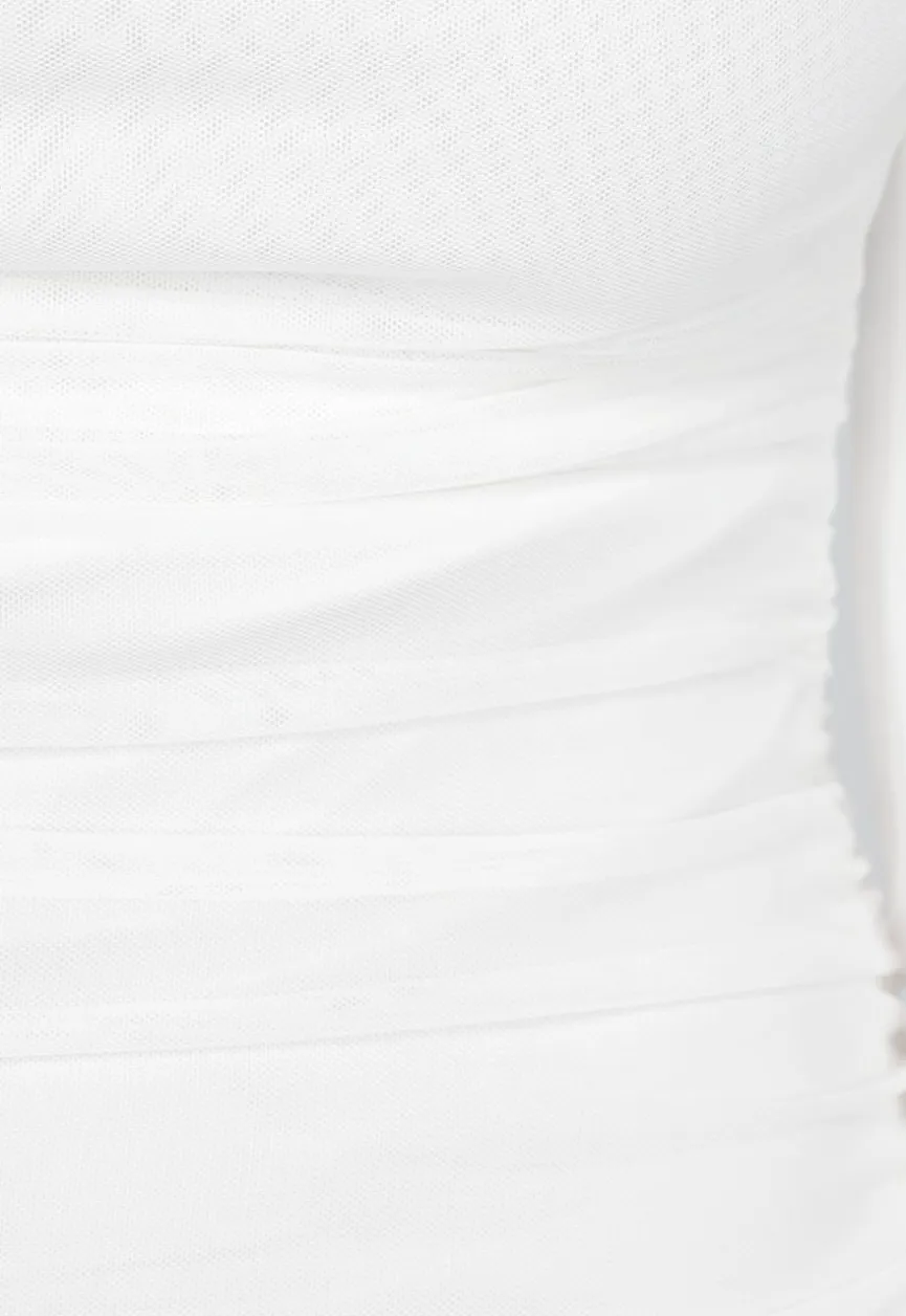 Witte Gedrapeerde Mesh Jurk met Pofmouwen