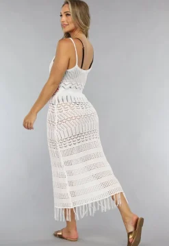 Witte Gehaakte Bohemian Jurk met Franjes