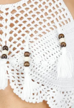 Witte Gehaakte Halter Top met Open Rug en Kwastjes