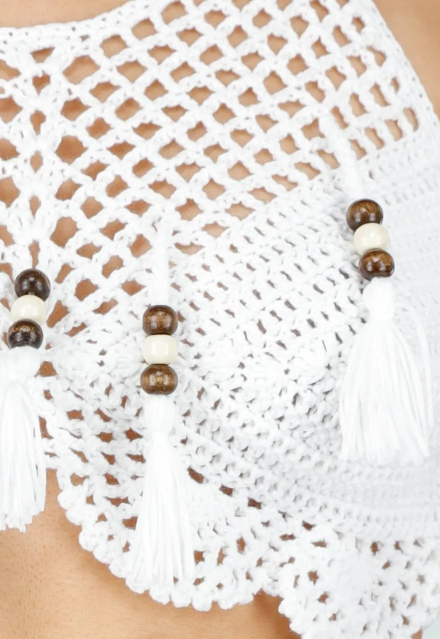 Witte Gehaakte Halter Top met Open Rug en Kwastjes