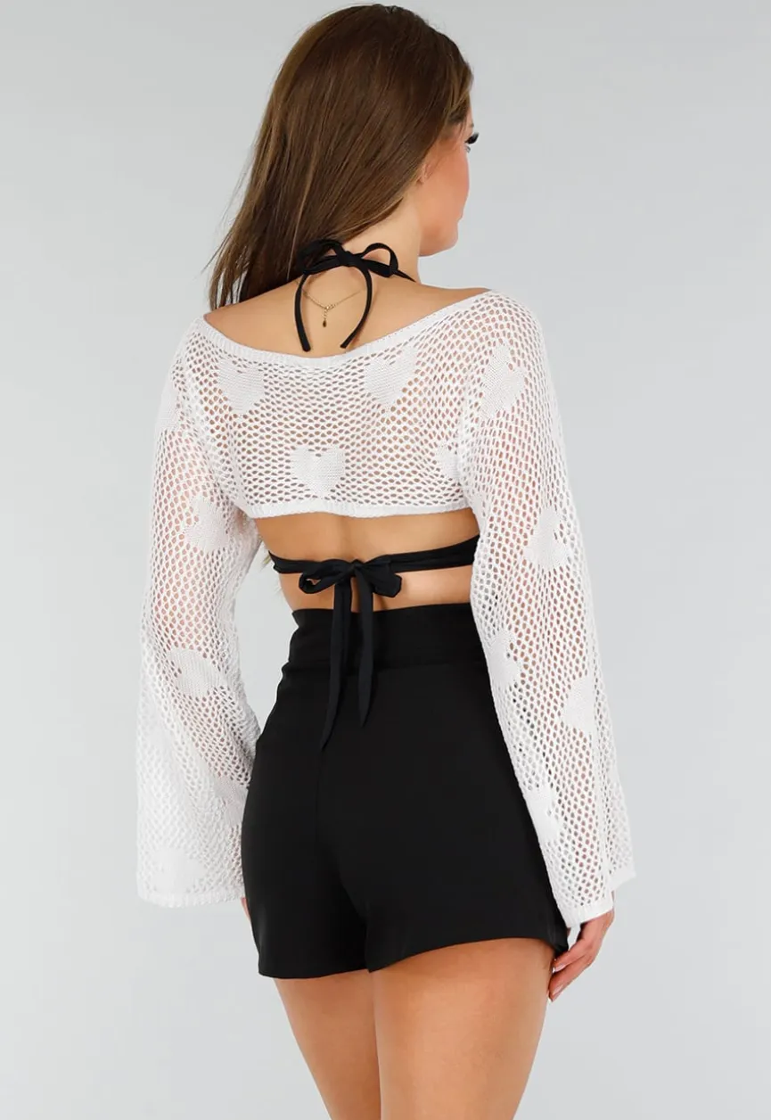 Witte Gehaakte Stretch Cover Up Top met Hartjesprint