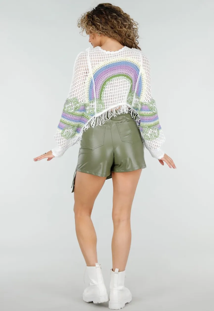 Witte Gehaakte Top met Regenboogprint en Franjes
