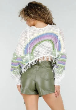 Witte Gehaakte Top met Regenboogprint en Franjes