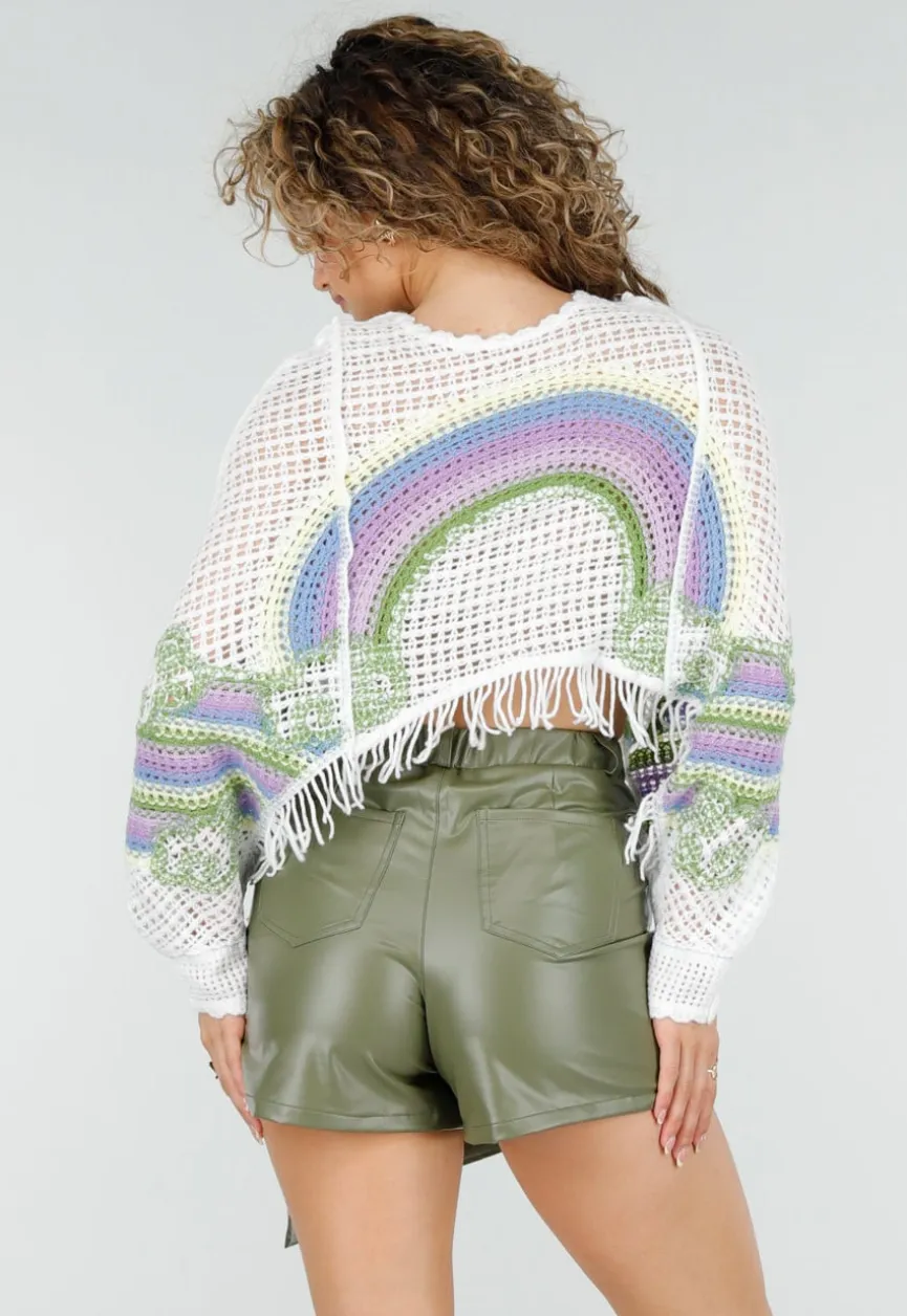 Witte Gehaakte Top met Regenboogprint en Franjes