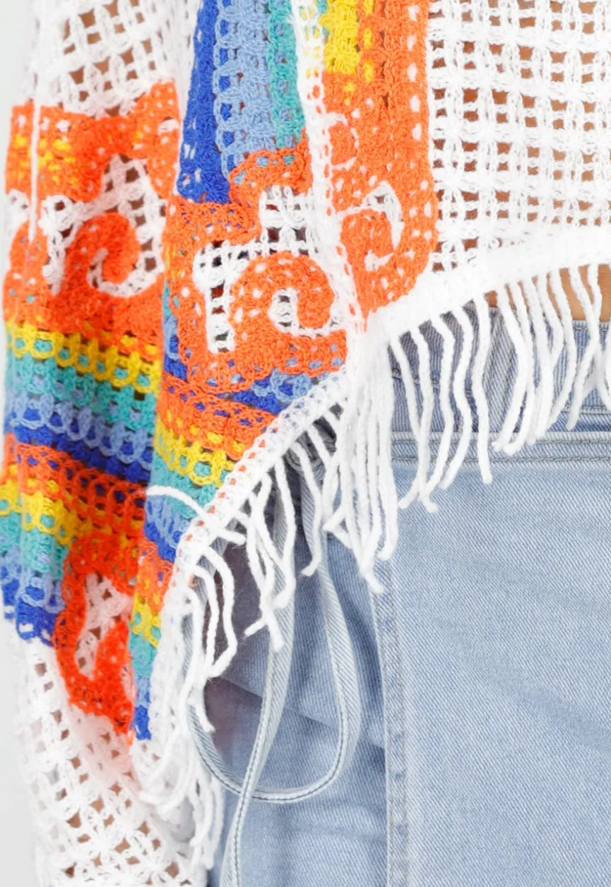 Witte Gehaakte Trui met Regenboog Print en Franjes