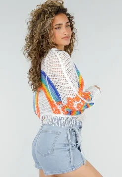 Witte Gehaakte Trui met Regenboog Print en Franjes
