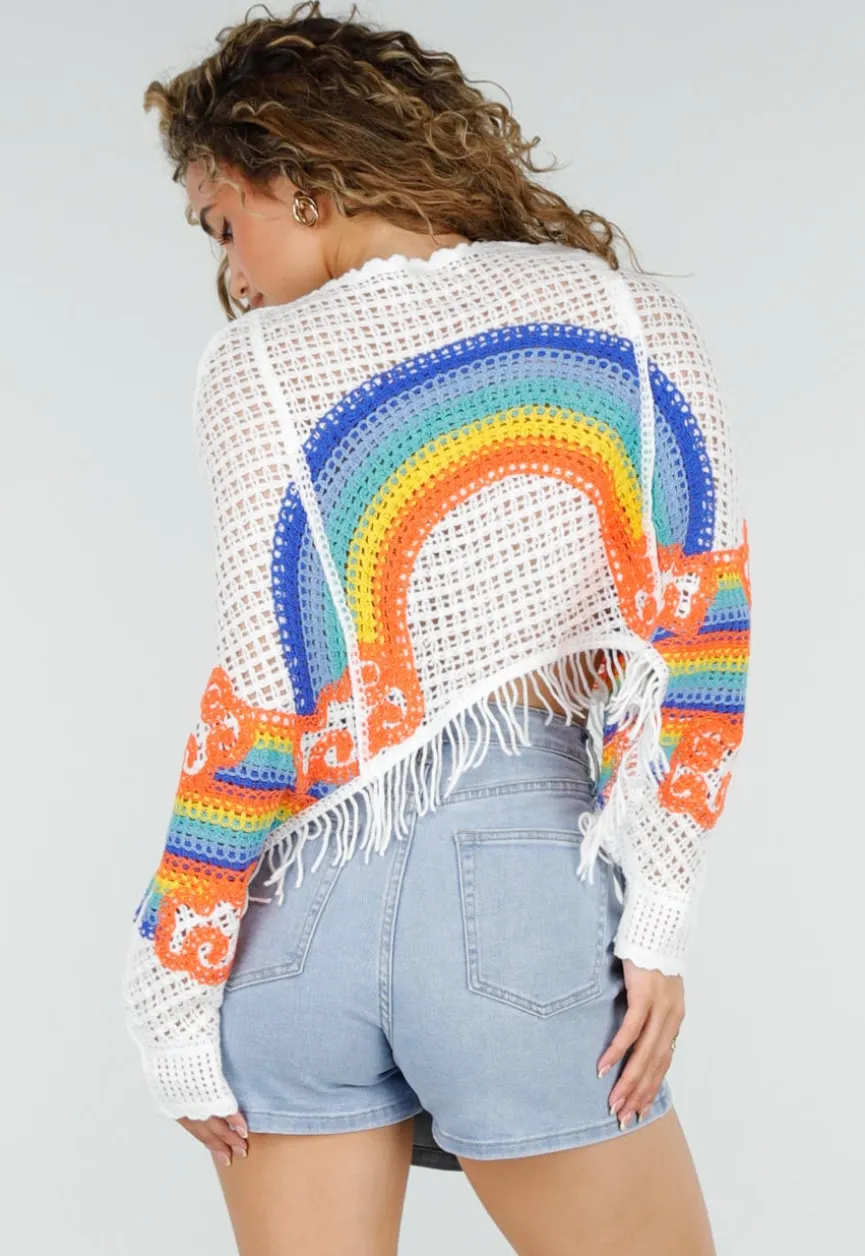 Witte Gehaakte Trui met Regenboog Print en Franjes