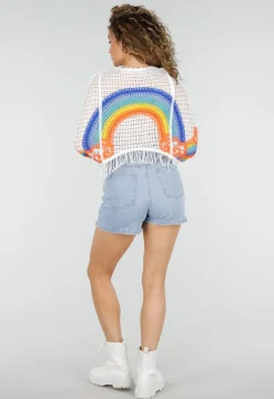 Witte Gehaakte Trui met Regenboog Print en Franjes