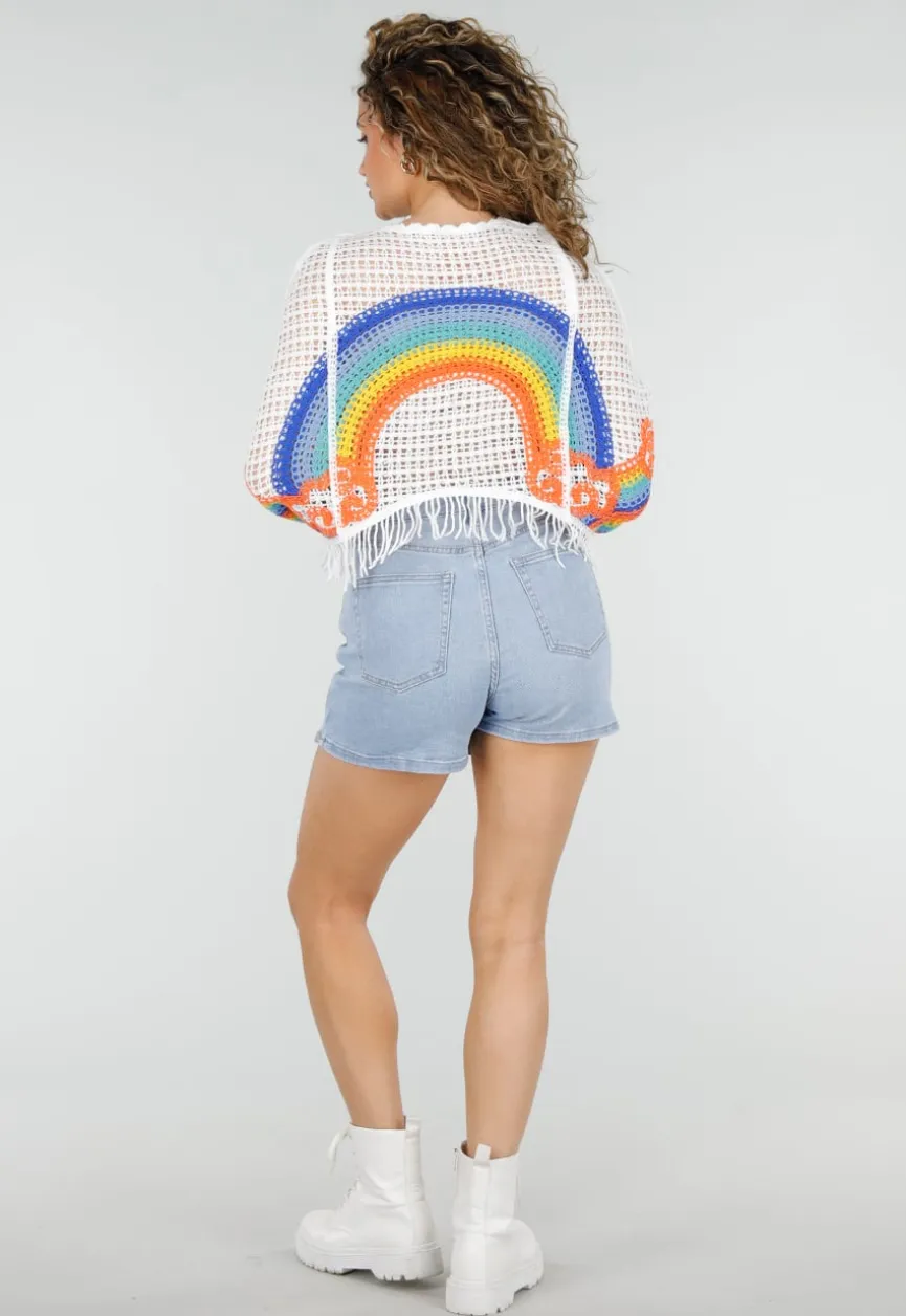 Witte Gehaakte Trui met Regenboog Print en Franjes