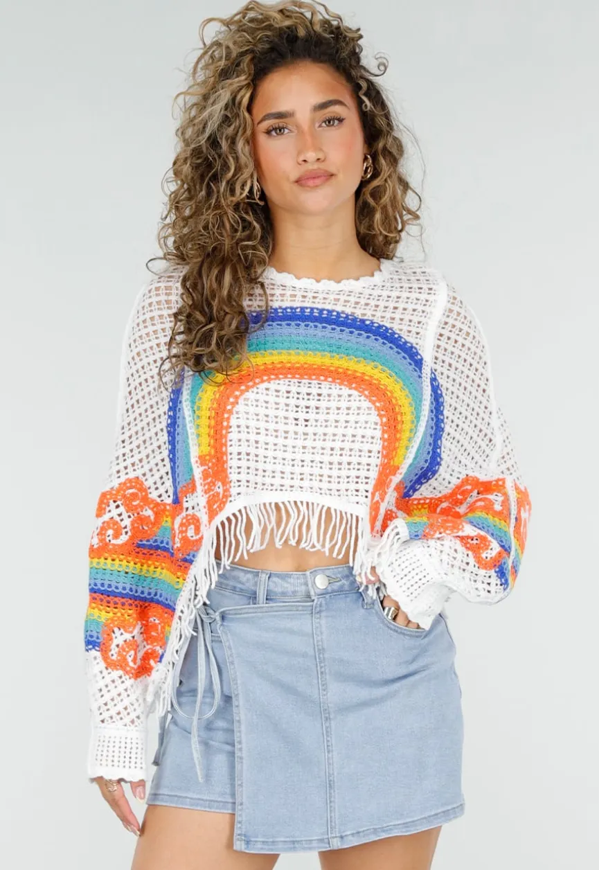 Witte Gehaakte Trui met Regenboog Print en Franjes