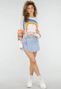 Witte Gehaakte Trui met Regenboog Print en Franjes