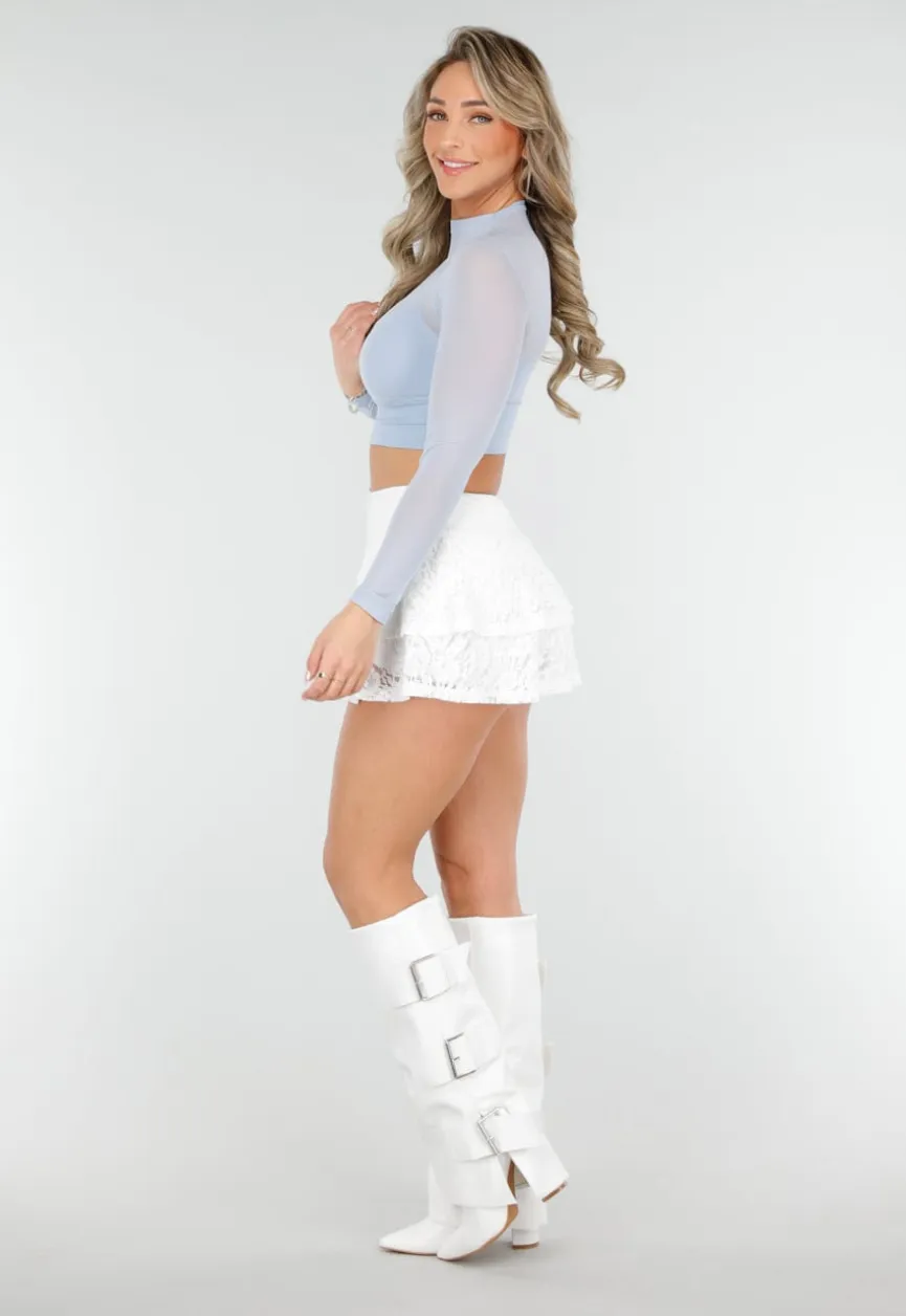 Witte Gelaagde Skort van Kant met Ruffles en Brede Tailleband