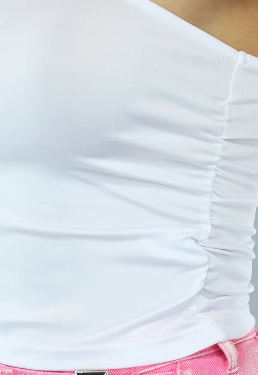 Witte Geplooide One Shoulder Top