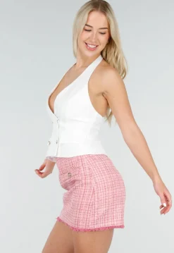 Witte Gilet Top met Open Rug en Gouden Knopen