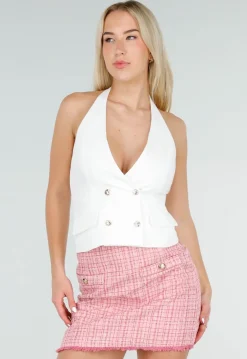 Witte Gilet Top met Open Rug en Gouden Knopen