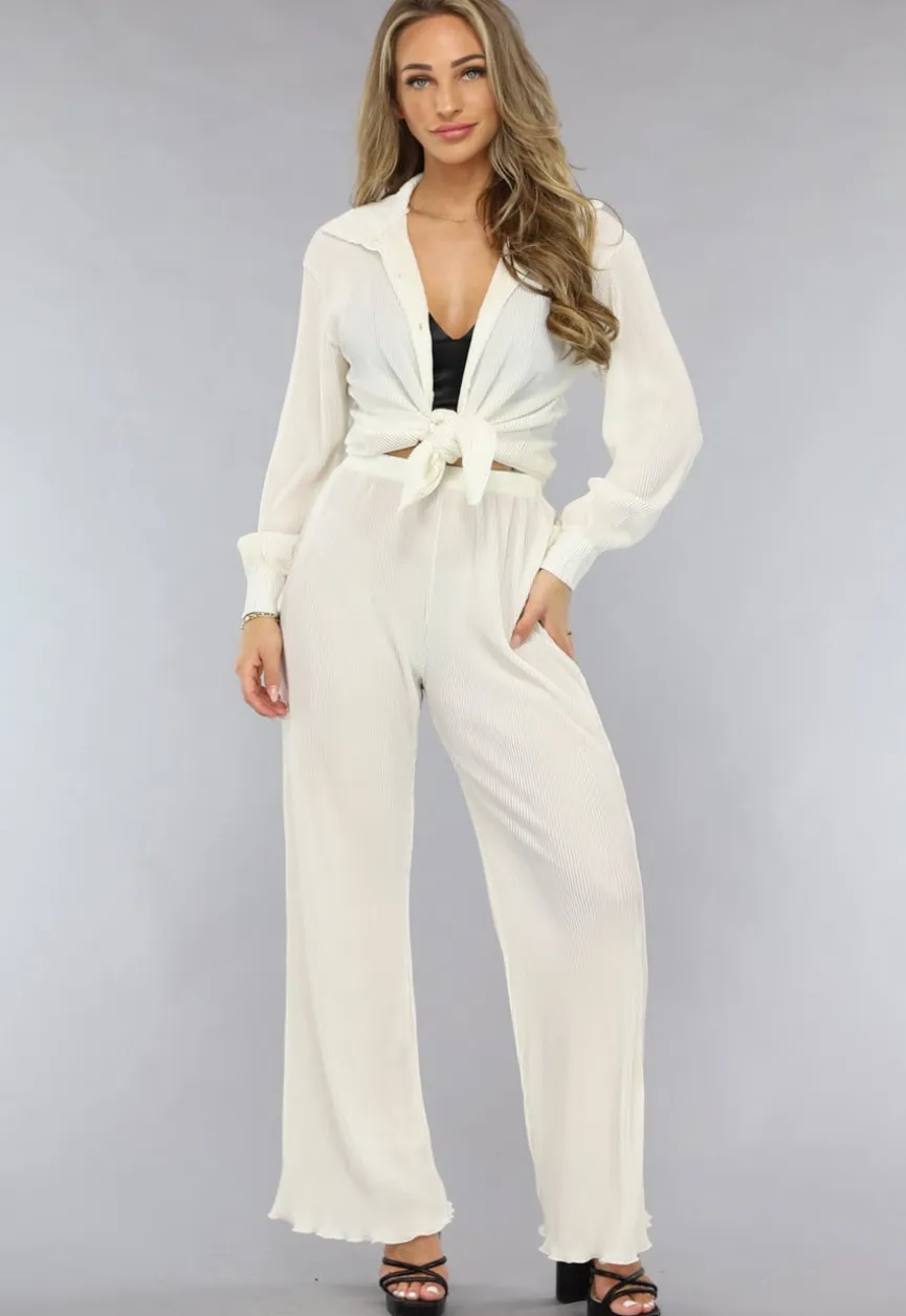 Witte Glanzende Matching Set van Plissé Stof