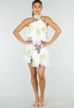 Witte Halter Mini Jurk met Bloemenprint en Open Rug