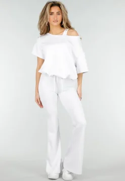 Witte Joggingbroek met Flared Pijpen en Elastische Taille
