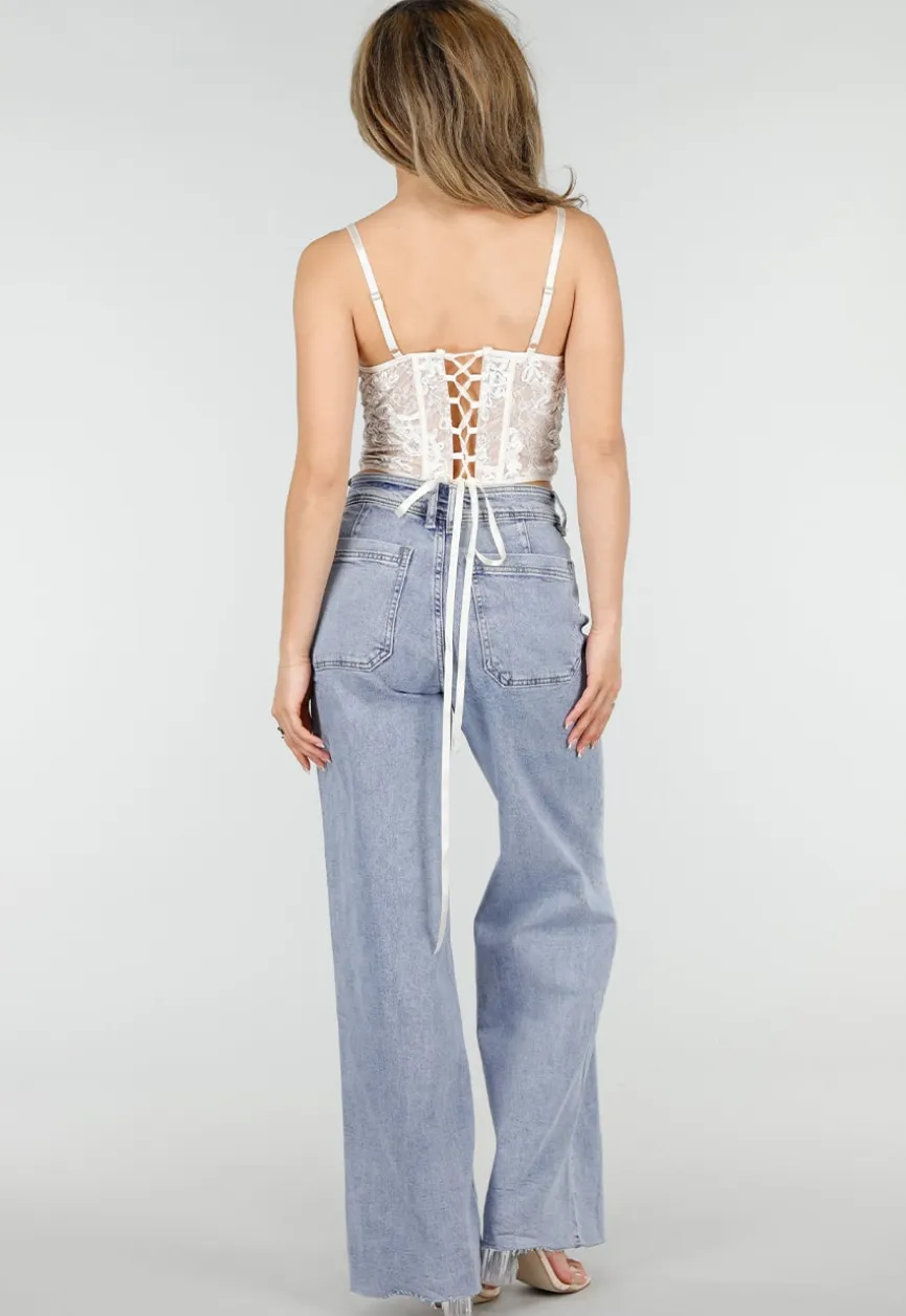Witte Kant Corset Top met Bandjes en Vetersluiting