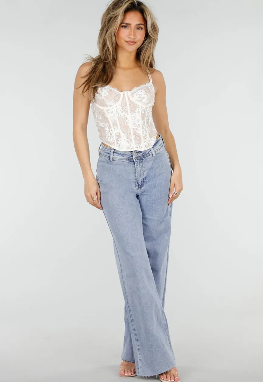Witte Kant Corset Top met Bandjes en Vetersluiting
