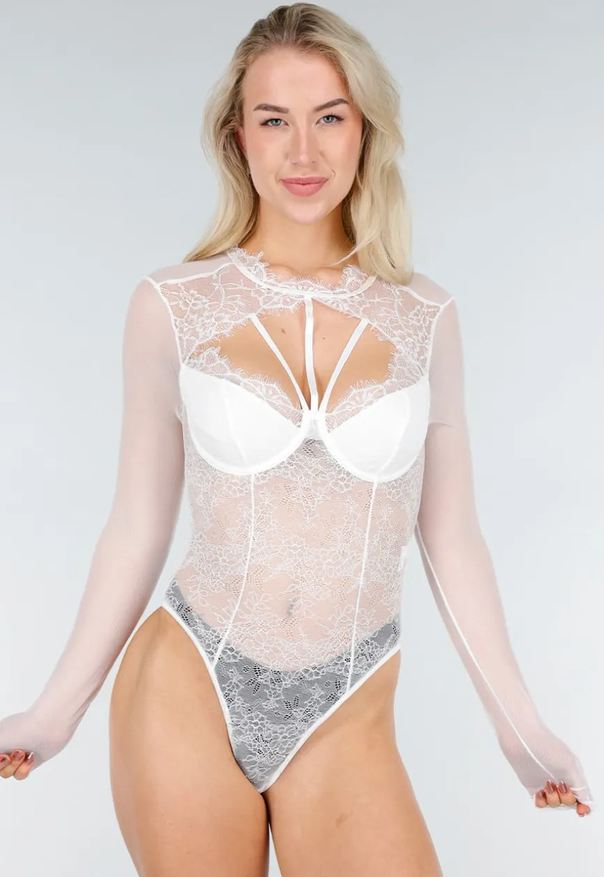 Witte Kanten Body met Lange Mouwen en Beugel