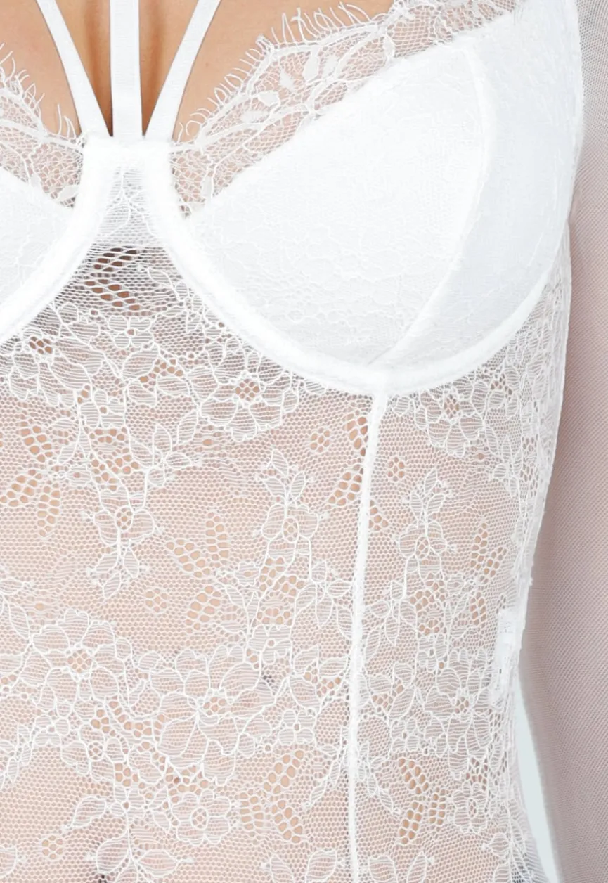 Witte Kanten Body met Lange Mouwen en Beugel