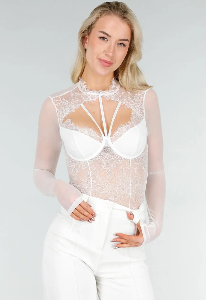 Witte Kanten Body met Lange Mouwen en Beugel