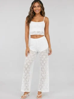 Witte Kanten Co-ord Set met Crop Top en Wide Leg Broek