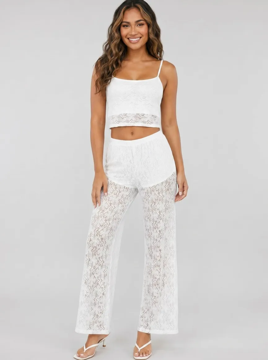 Witte Kanten Co-ord Set met Crop Top en Wide Leg Broek