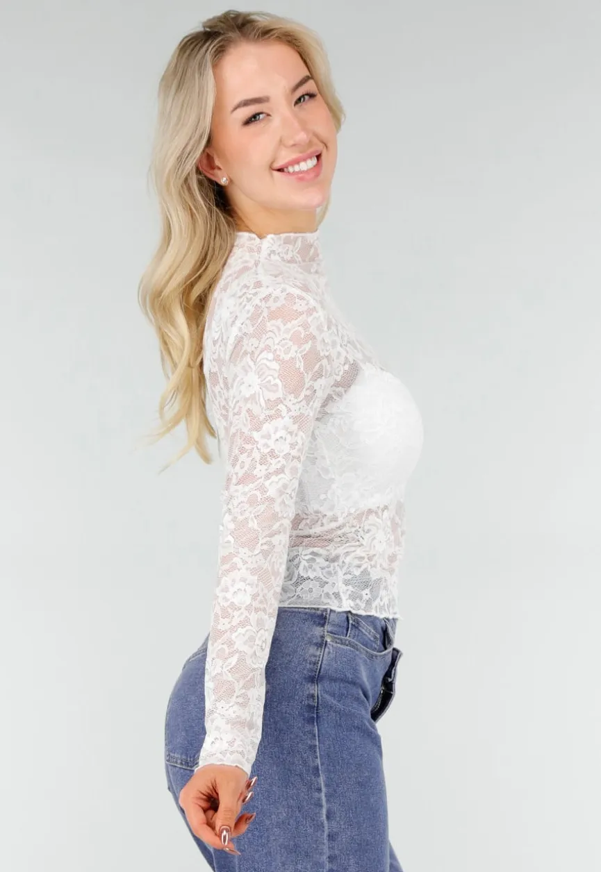 Witte Kanten Mesh Top met Stretch en Col