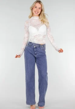 Witte Kanten Mesh Top met Stretch en Col