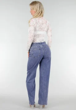 Witte Kanten Mesh Top met Stretch en Col