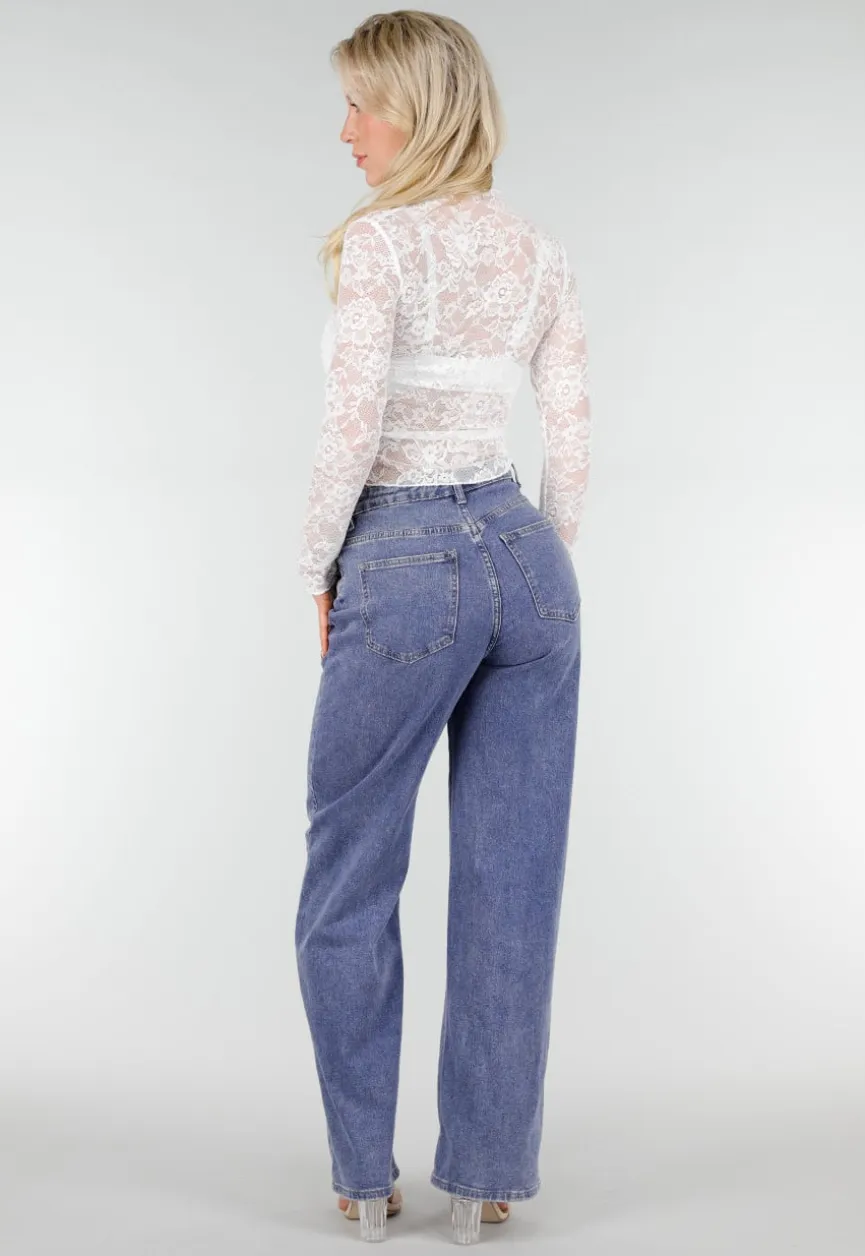 Witte Kanten Mesh Top met Stretch en Col