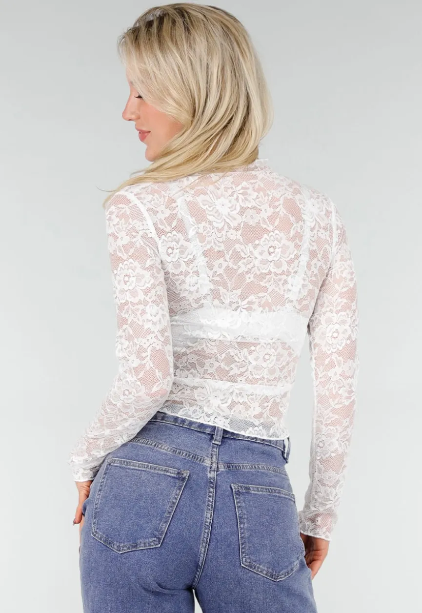 Witte Kanten Mesh Top met Stretch en Col