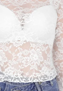 Witte Kanten Mesh Top met Stretch en Col