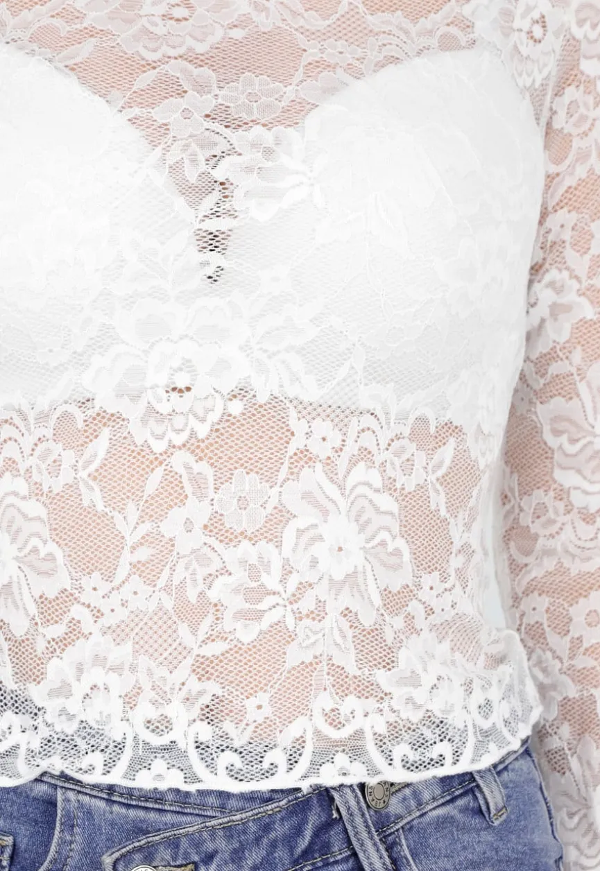 Witte Kanten Mesh Top met Stretch en Col