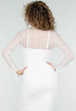 Witte Kanten Midi Jurk met Lange Mouwen en Stretch