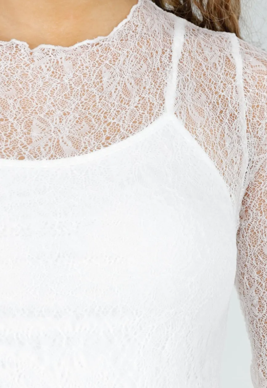 Witte Kanten Midi Jurk met Lange Mouwen en Stretch