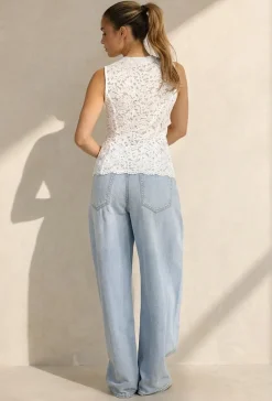 Witte Kanten Mouwloze Top met Opstaande Hals