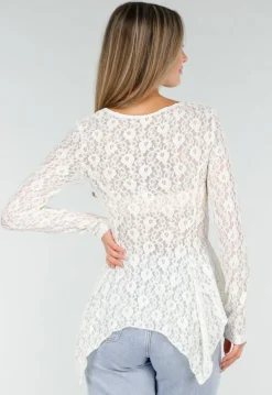 Witte Kanten Peplum Top met Knopen en Lange Mouwen