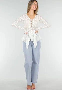 Witte Kanten Peplum Top met Knopen en Lange Mouwen