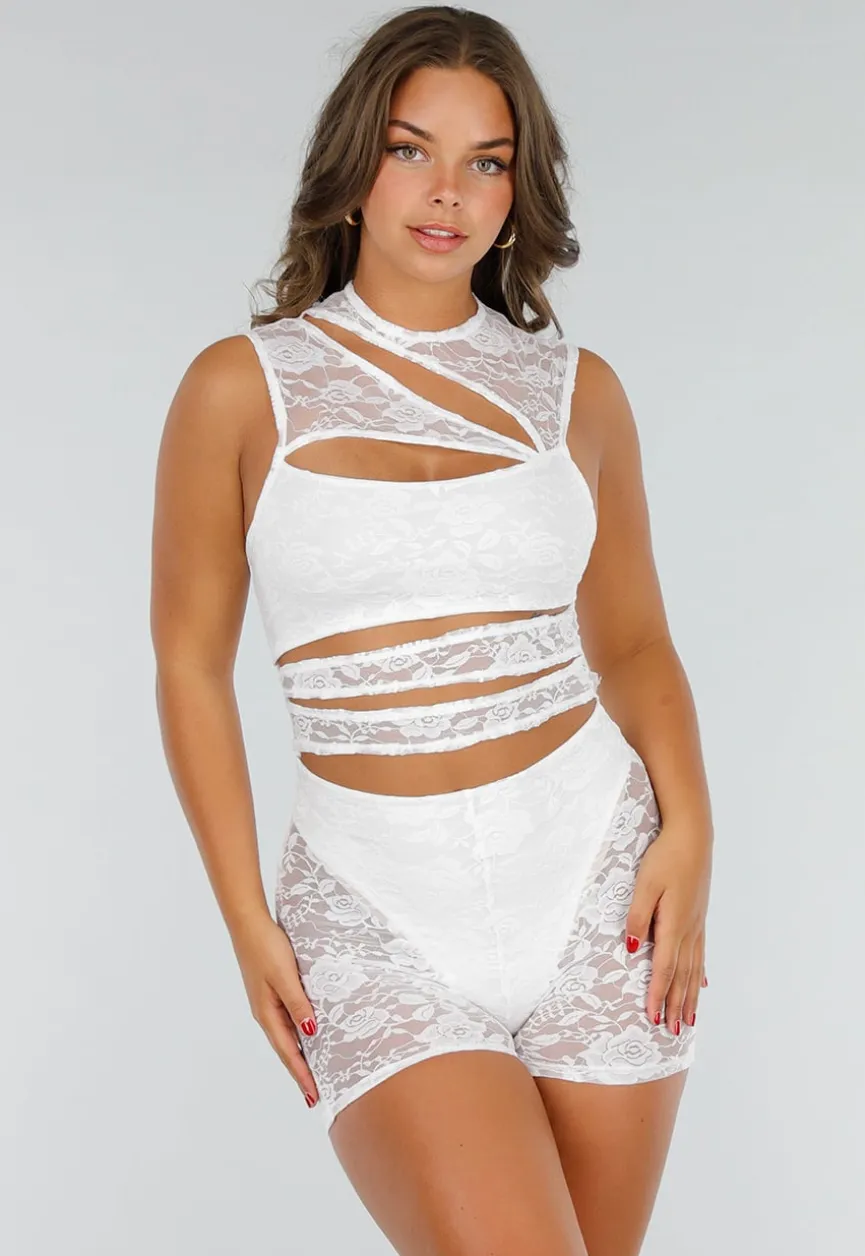 Witte Kanten Playsuit met Stretch, Cut-Outs en Gevoerd Broekje en Top