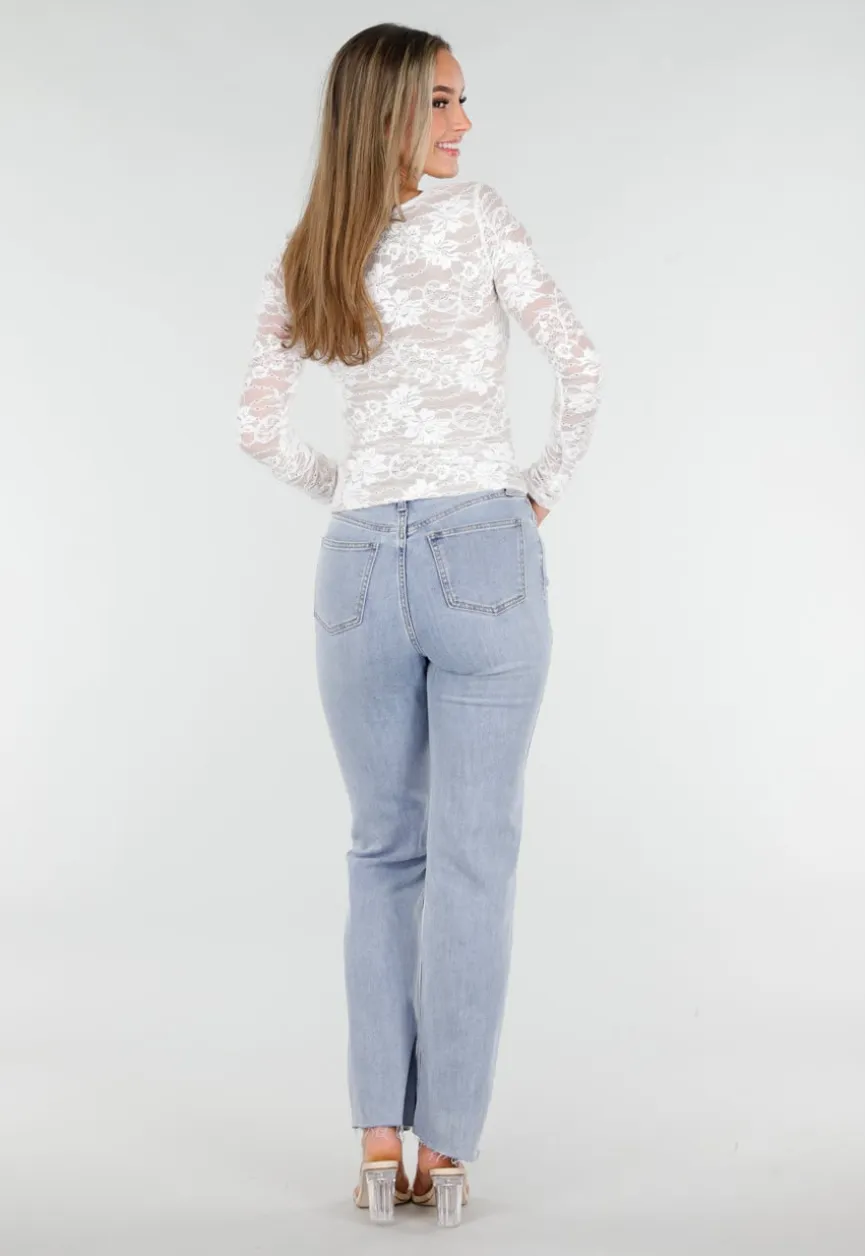 Witte Kanten Stretch Top met Lange Mouwen