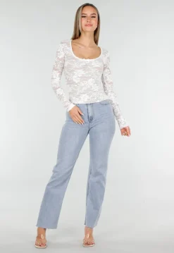 Witte Kanten Stretch Top met Lange Mouwen