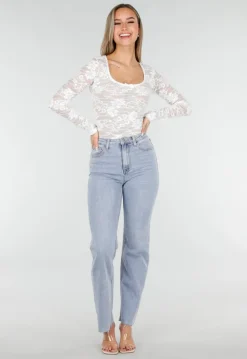 Witte Kanten Stretch Top met Lange Mouwen